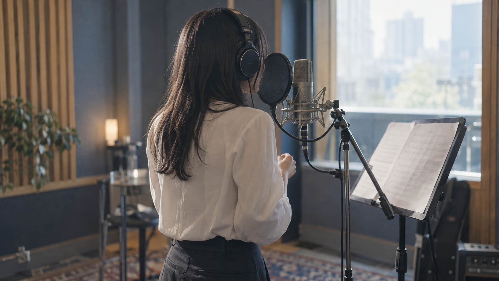 ヘッドホンを着けてオリジナル楽曲のボーカルを収録するメンバーのイメージ