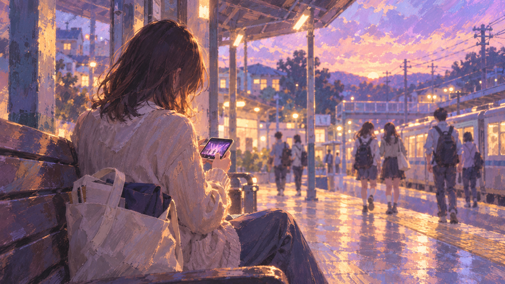 夕暮れの駅で、スマホの中のステージを見つめる女性の後ろ姿