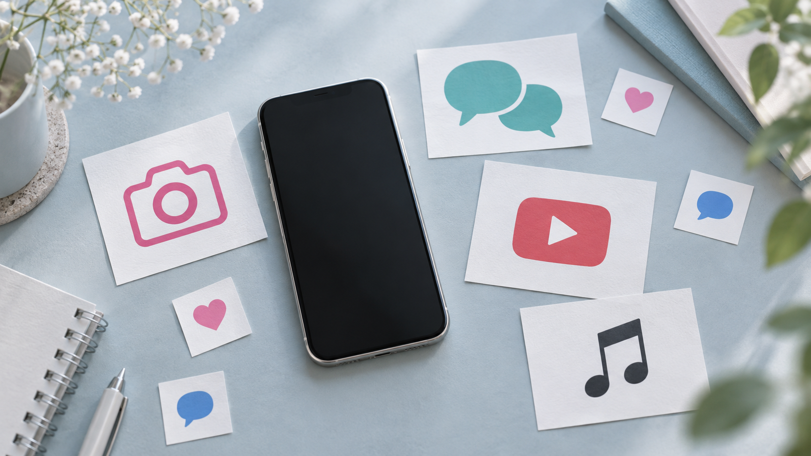 スマートフォンと動画・カメラ・メッセージなどのSNSアイコンのイメージ
