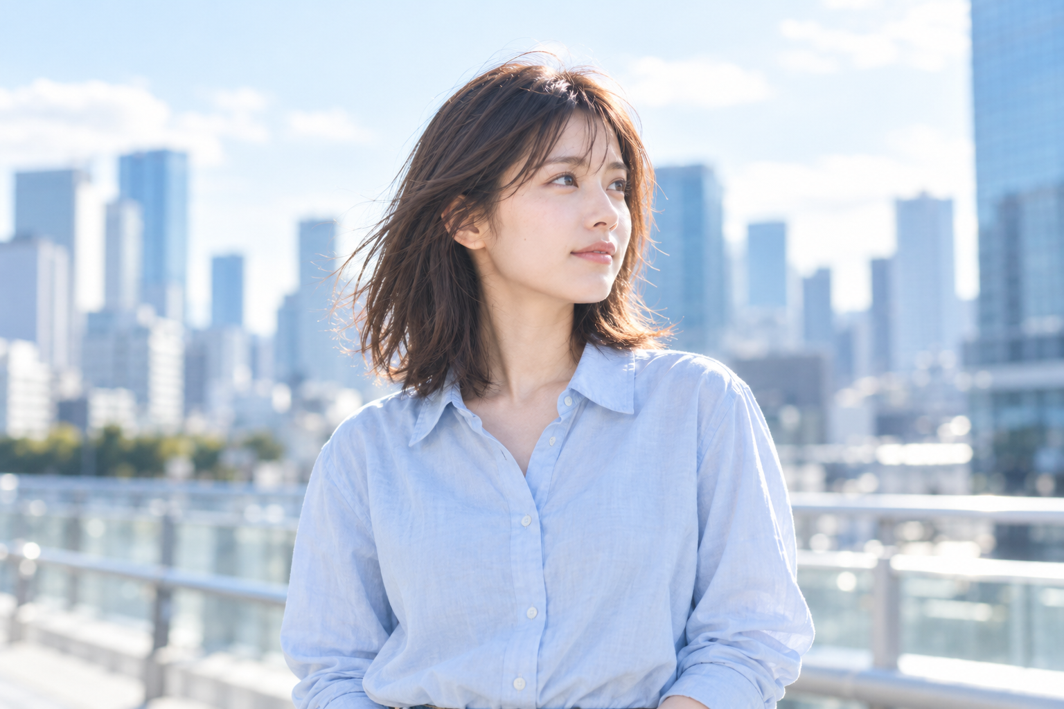 街の景色を背景に、遠くを見つめる女性